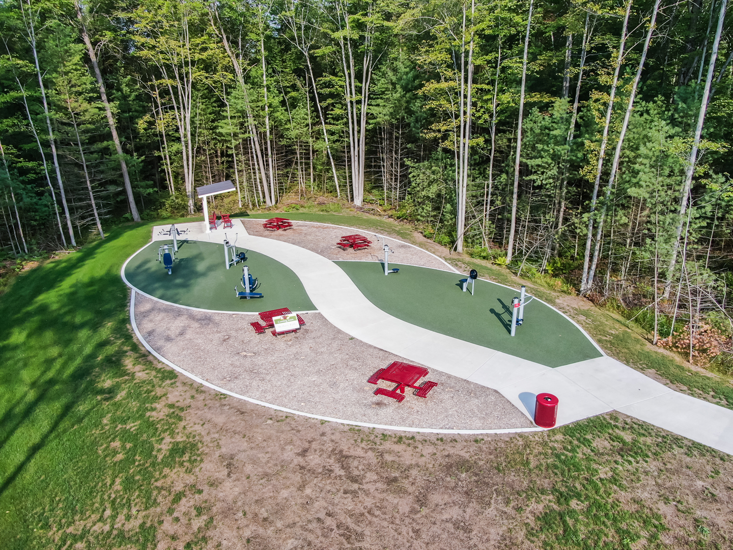 Aerial view of the Sanford outdoor exercise equipment. Book a tour in person or take virtual tours.