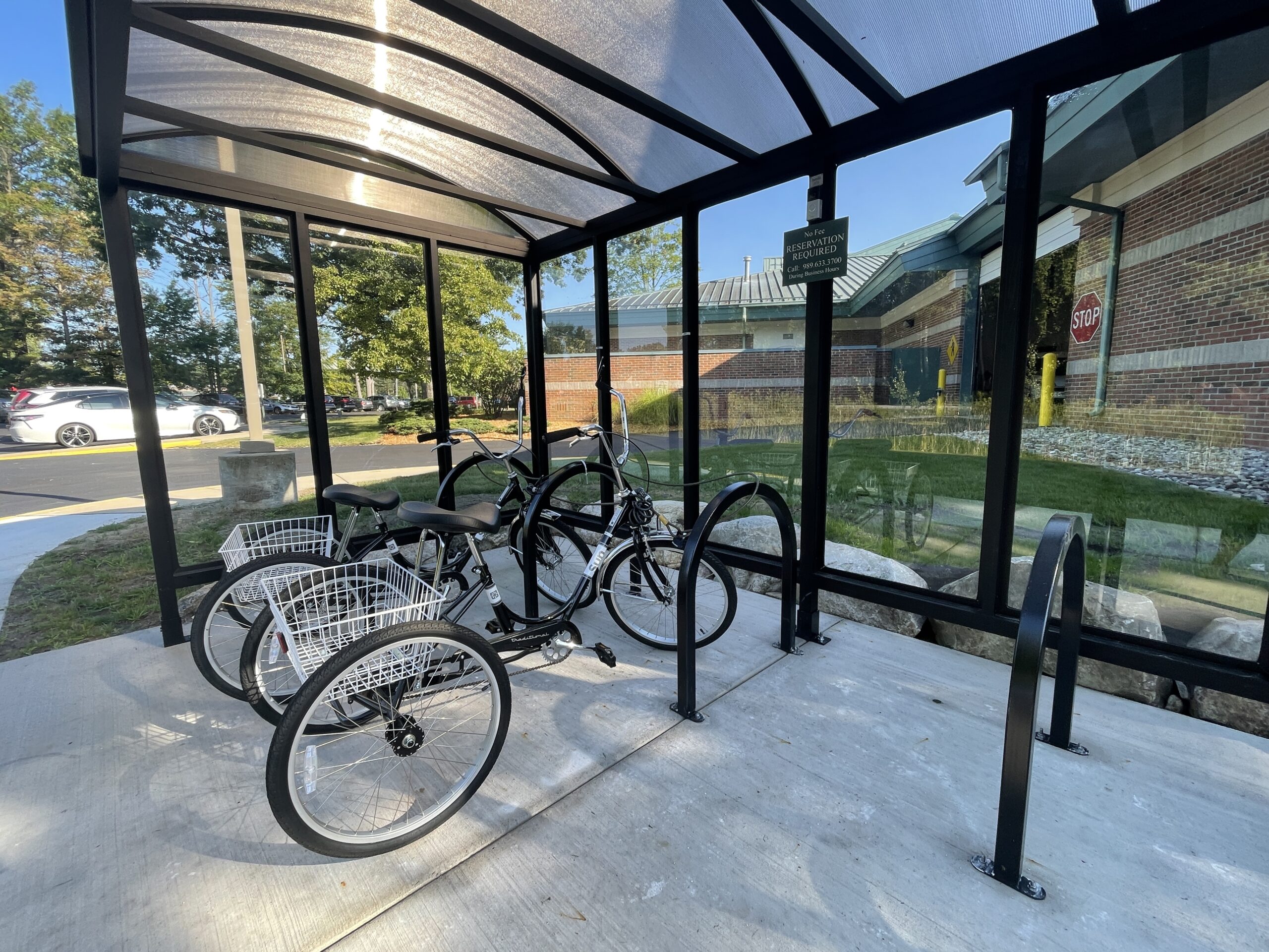 Trailside Center offers the ability to reserve a three-wheeled bike for 4-hour time blocks once per day. The bikes are located within a shelter adjacent to the Rail Trail at the end of the Trailside building.