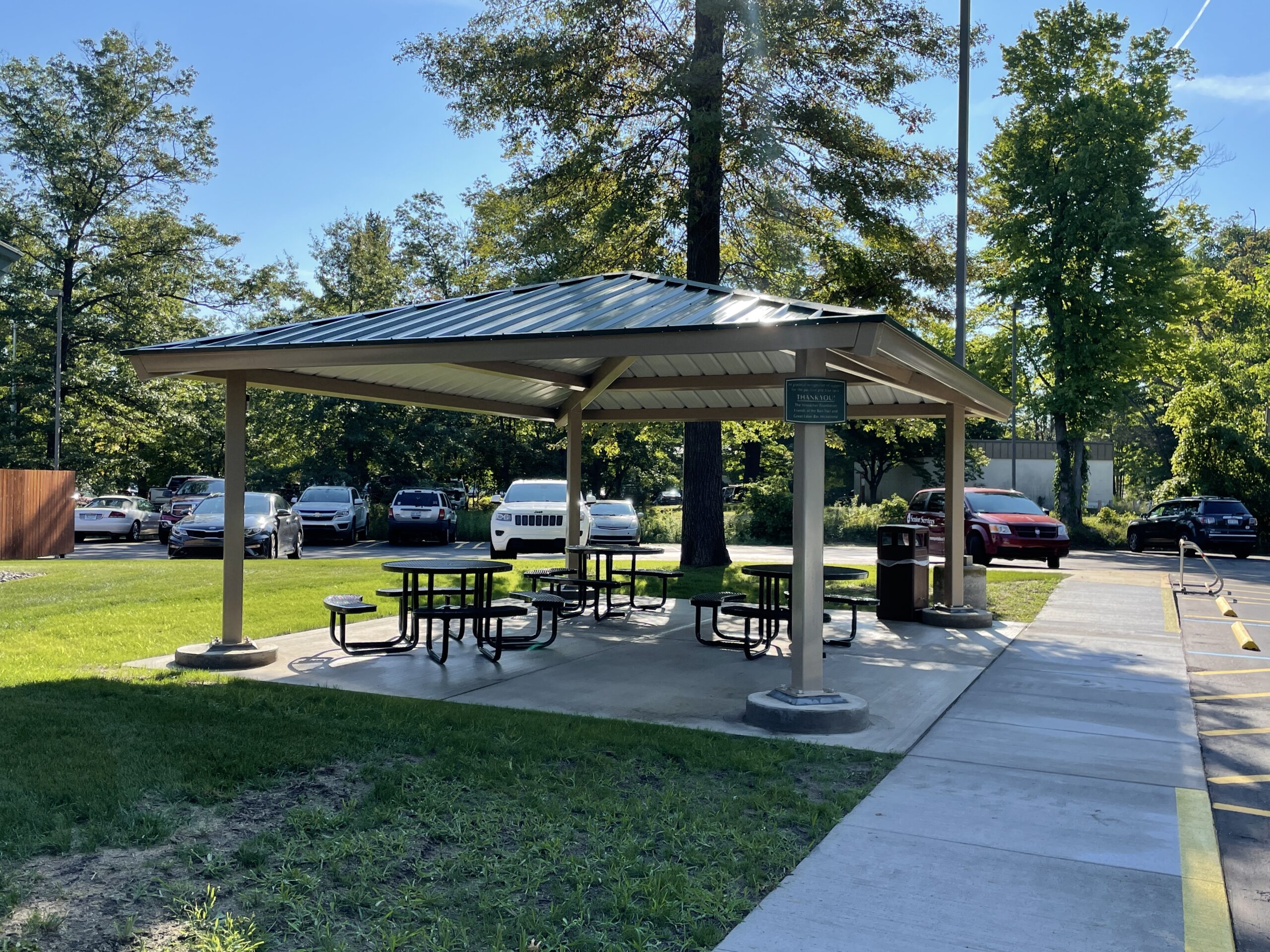 Thanks to funds from the Charles J. Strosacker Foundation, Friends of the Rail-Trail, and The Great Lakes Bay Invitational, an accessible pavilion is available at Trailside Center.